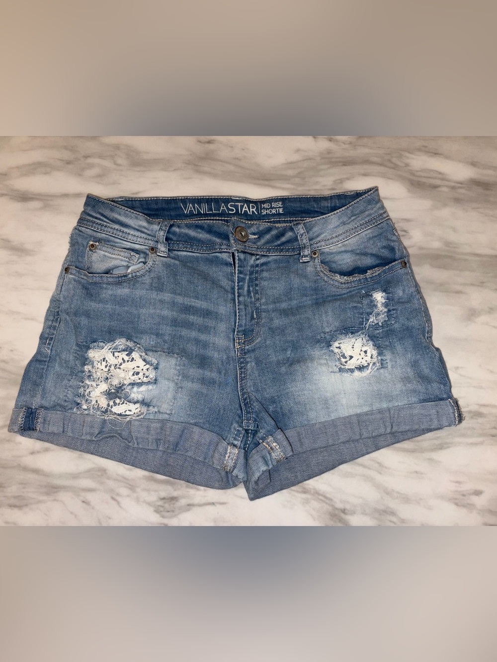 Vanilla Star Mid Rise Lace Inset Distressed Denim Shorts